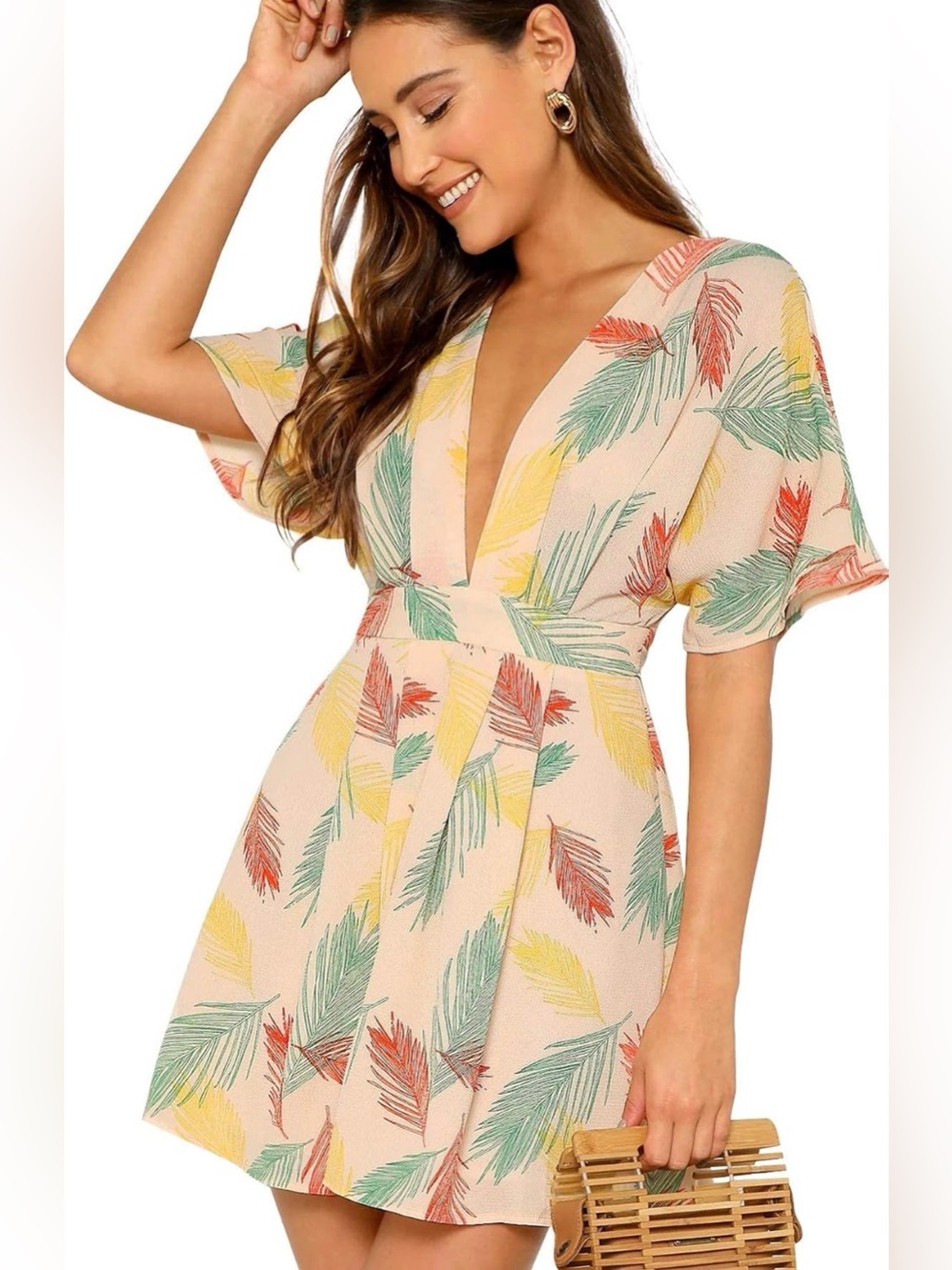 Floerns Women's Tropical Floral Plunging V Neck Tie Open Back Summer Dress S